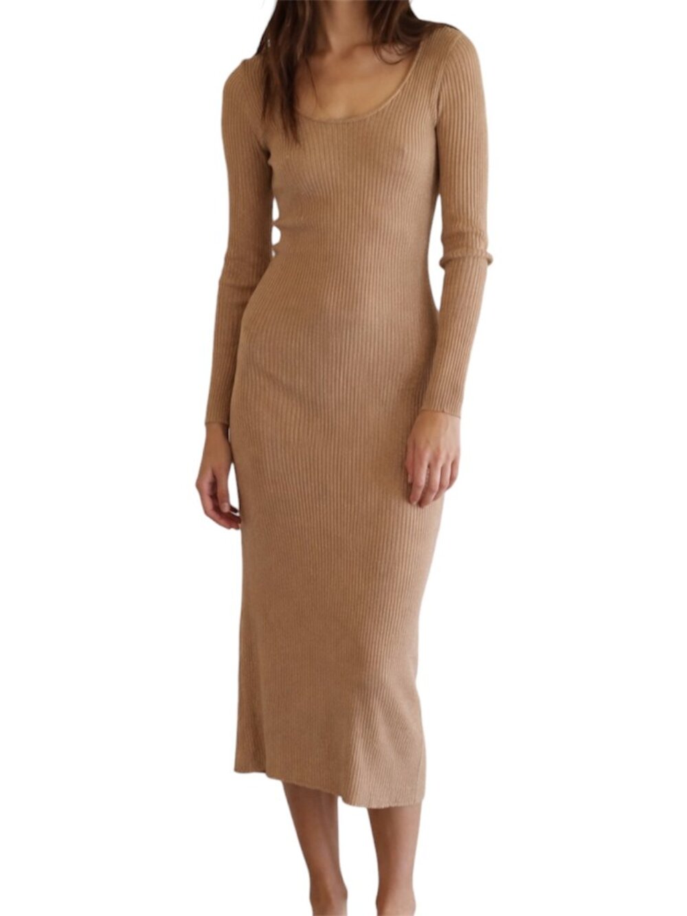 Size L L'Academie Los Angeles Brown Ribbed Knit Bodycon Midi Dress